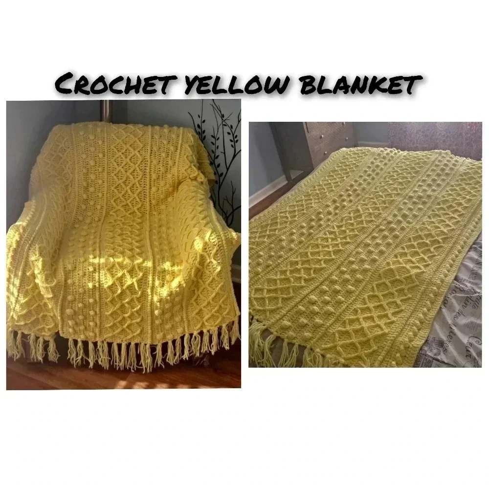 Crochet Knitted yellow Throw Blanket